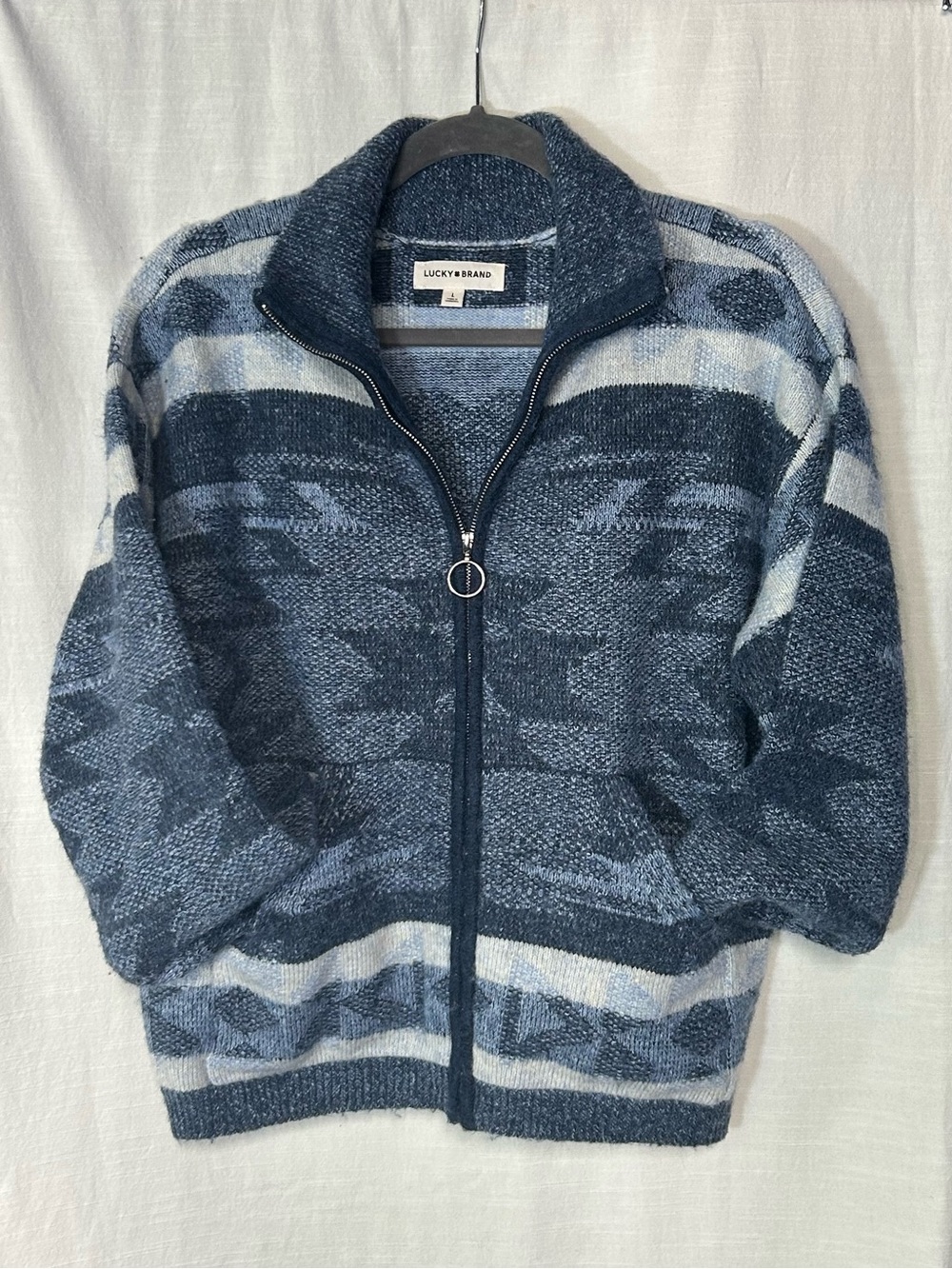 Lucky Brand Men's Navy & Light Blue Southwestern Aztec Patterned Zip-Up Sweater
